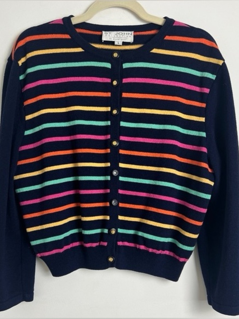 St. John Collection Blue Rainbow-Stripe Multicolor Spring Cardigan Sweater L